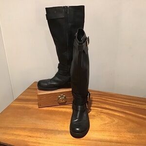 Three buckle black leather moto 1.25” heel 16” high Audrey Brooke  boots Sz 7